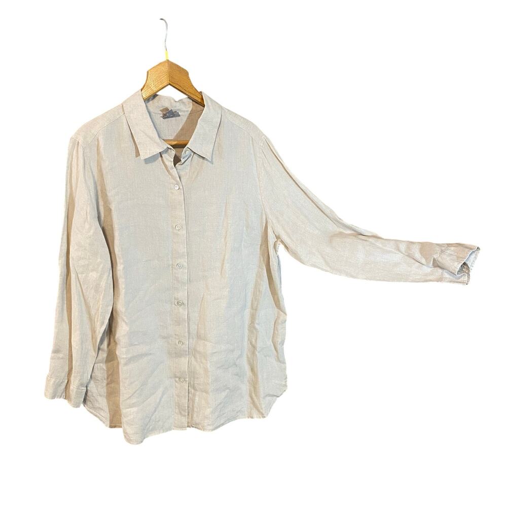 J. Jill 100% Linen Button Front Shirt 1X Natural Beige Long Sleeve Top